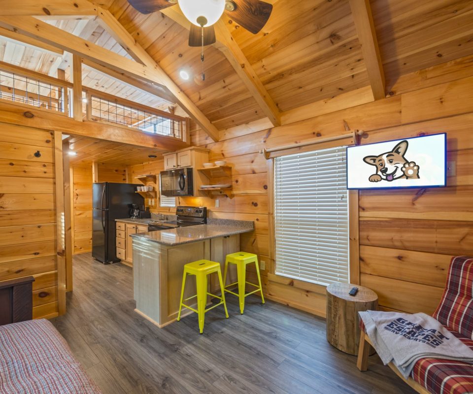 kitchen scene of Hullabaloo cabin rental in Bryan, TX