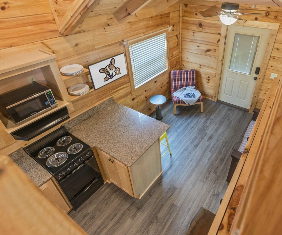 view of Lone Star cabin interior from the loft