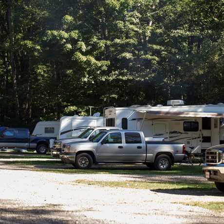 RVs and trucks parked in tree shade
