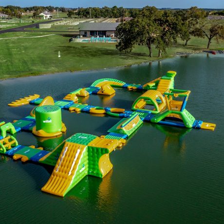 aerial view of Wibit water obstacle course at Great Escapes RV Resorts Bryan College Station